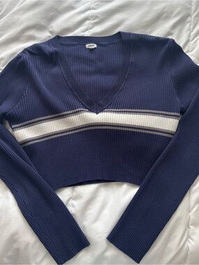 Garage Navy V-Neck Ribbed Crop Sweater with White Stripes